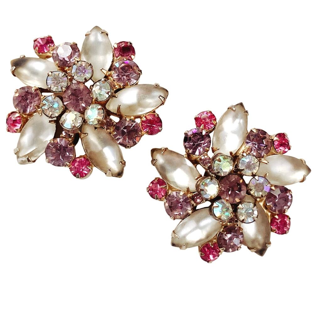 VTG 1950s Clip On Earrings AB Rhinestone Moonglow Frosted Glass Floral Jewelry